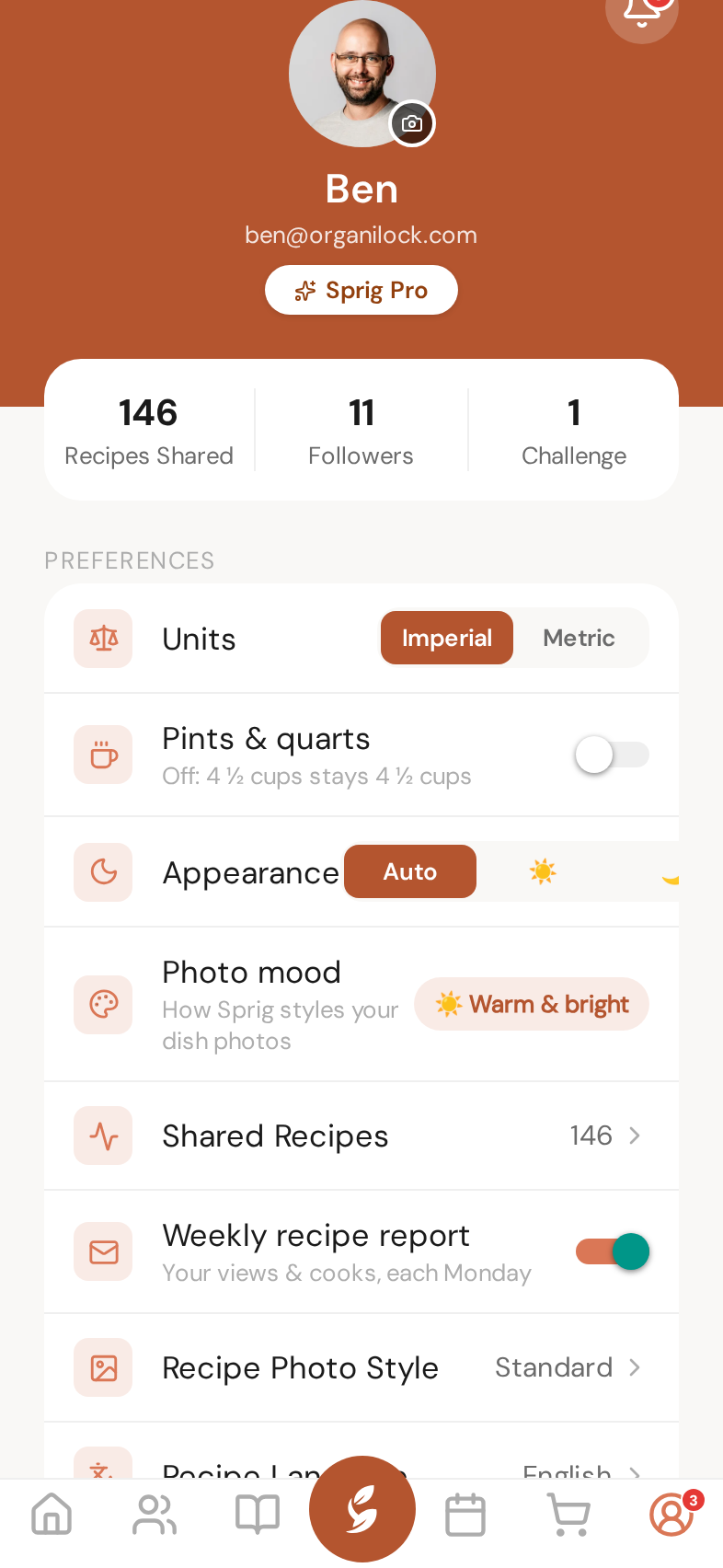 You page → Units, with the Pints & quarts switch underneath