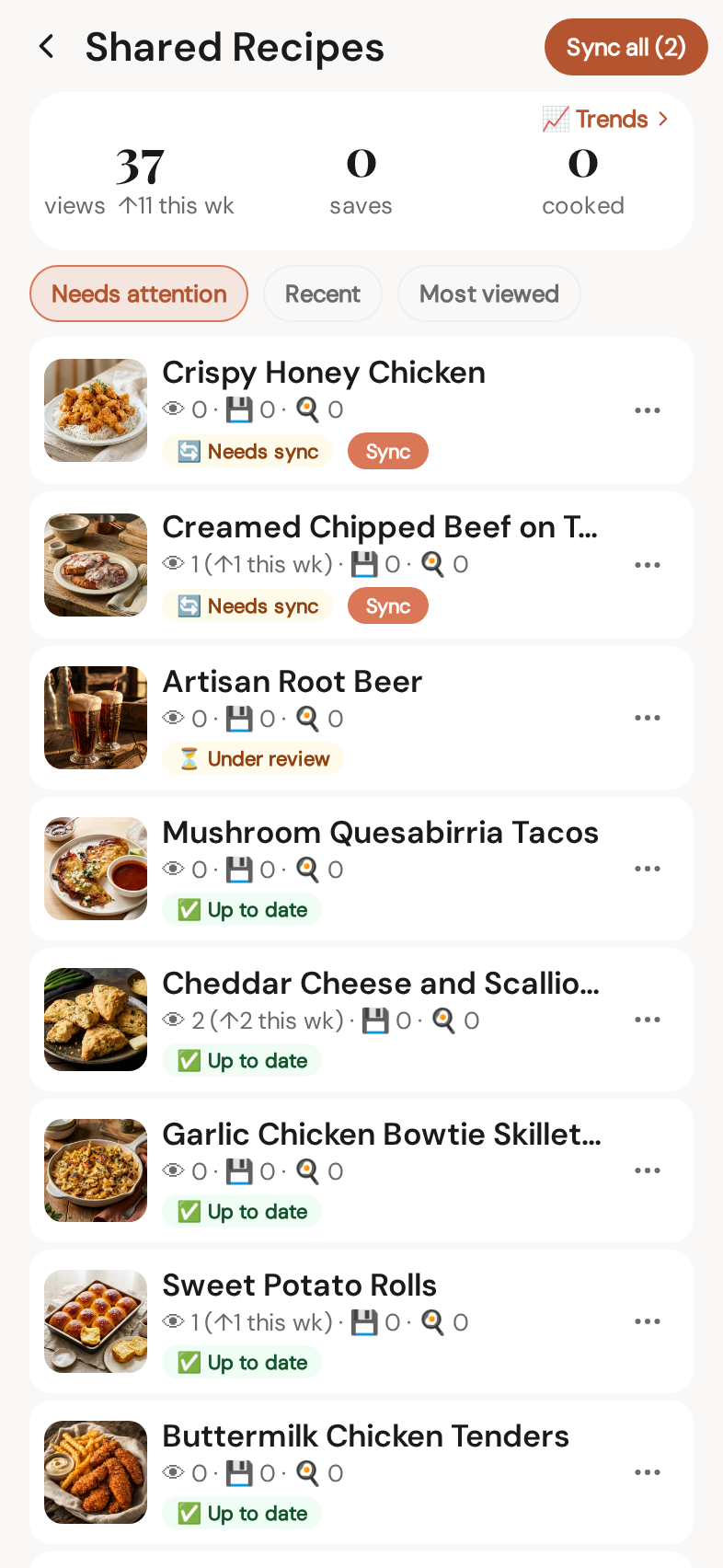 You page → Shared Recipes: every listing's health, plus Trends