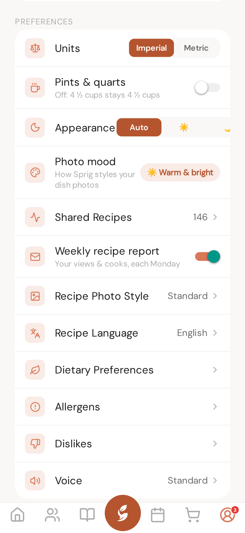 You page → Weekly recipe report — the Monday digest switch