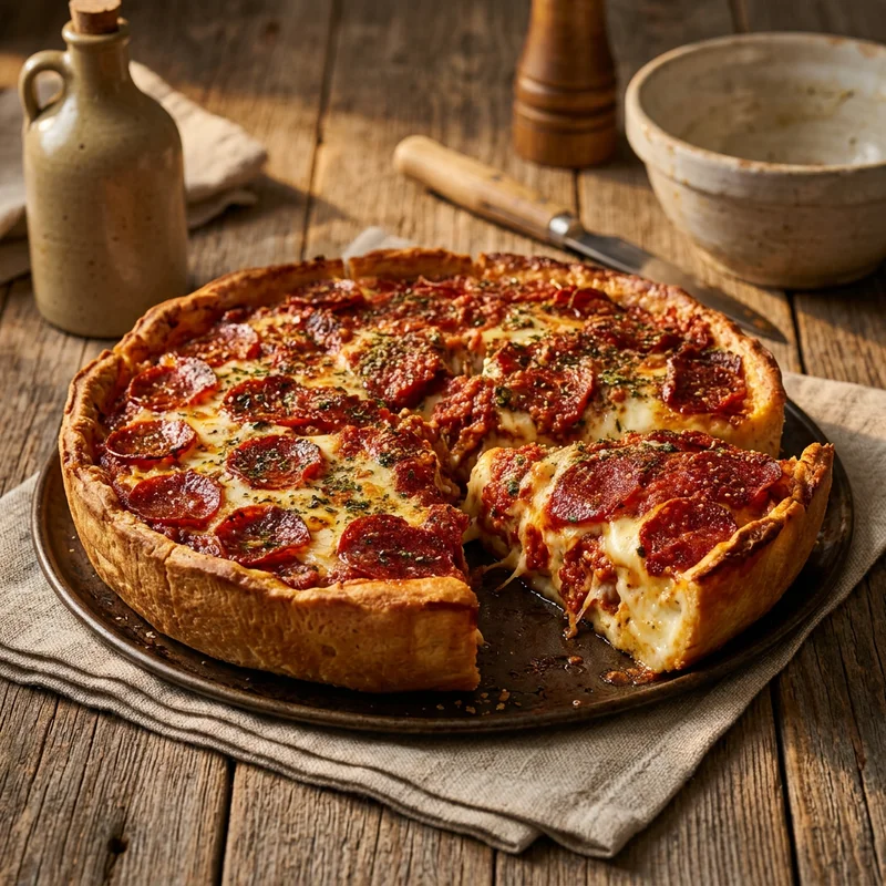 Cheesy Deep Dish Pepperoni Pizza