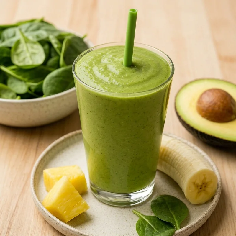 Thick Green Breakfast Smoothie with Frozen Banana and Pineapple