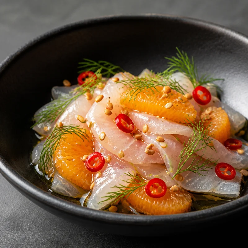 Gulf Snapper Crudo with Satsuma, Chili and Benne Seeds