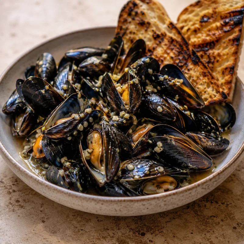 15-Minute Garlic White Wine Mussels with Grilled Bread