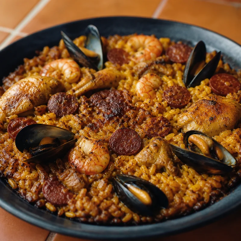 Chicken, Chorizo and Shellfish Paella with Saffron Socarrat