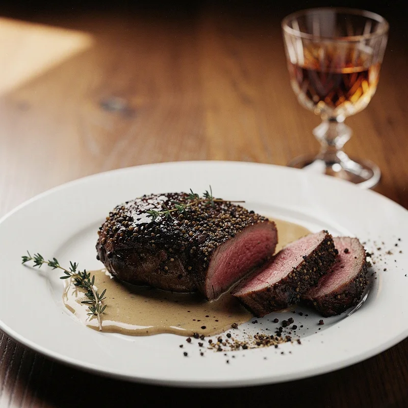 Steak au Poivre with Brandy Cream Pan Sauce