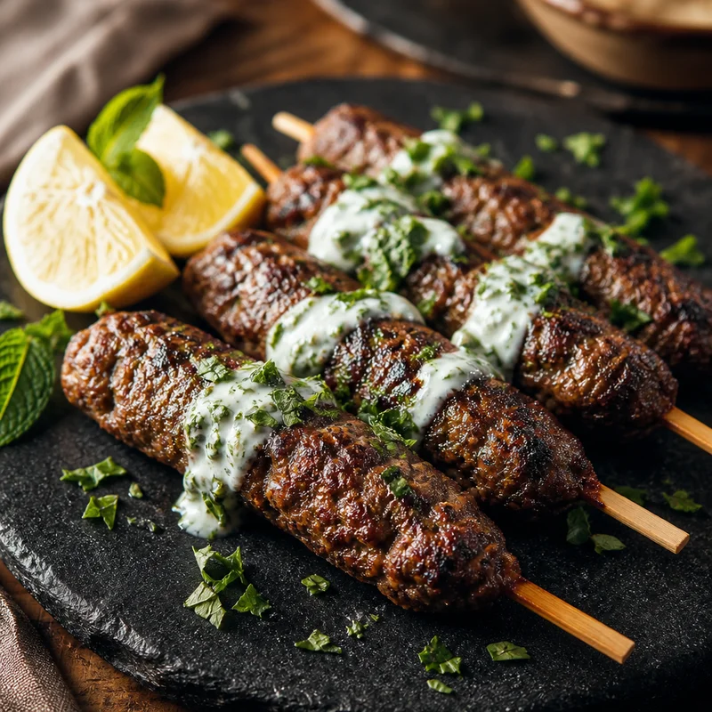 Grilled Beef Kofta Kebabs on Flat Skewers