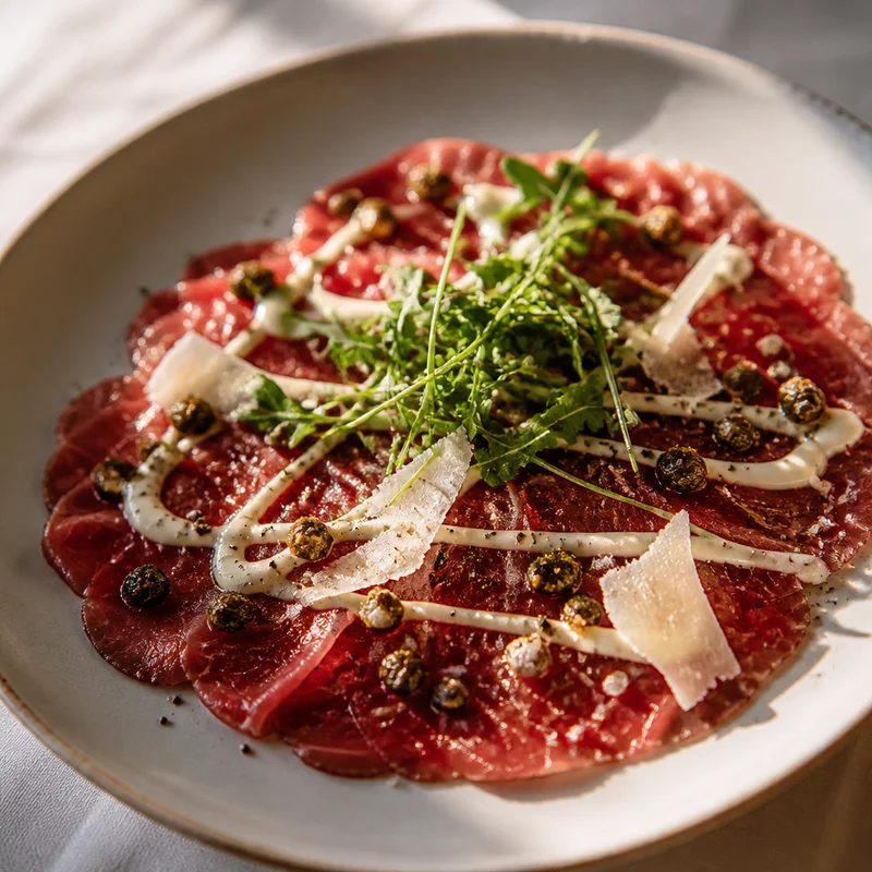 Beef Carpaccio with Fried Capers and Lemon Aioli