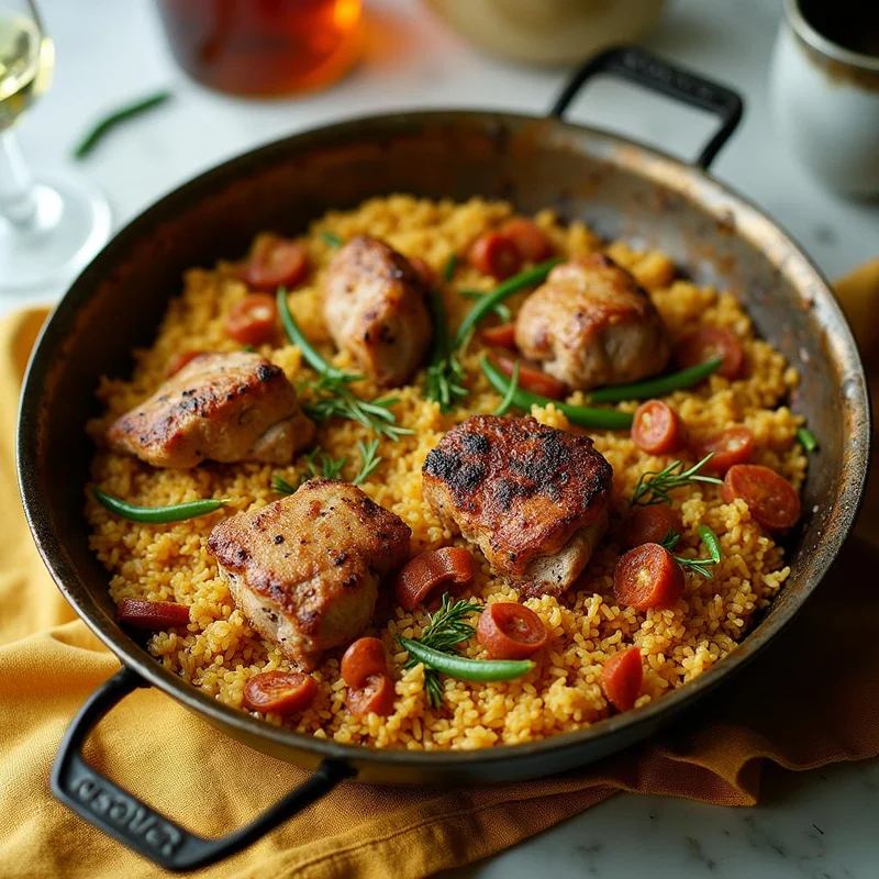 Mixed Meat Paella in a Wide Skillet