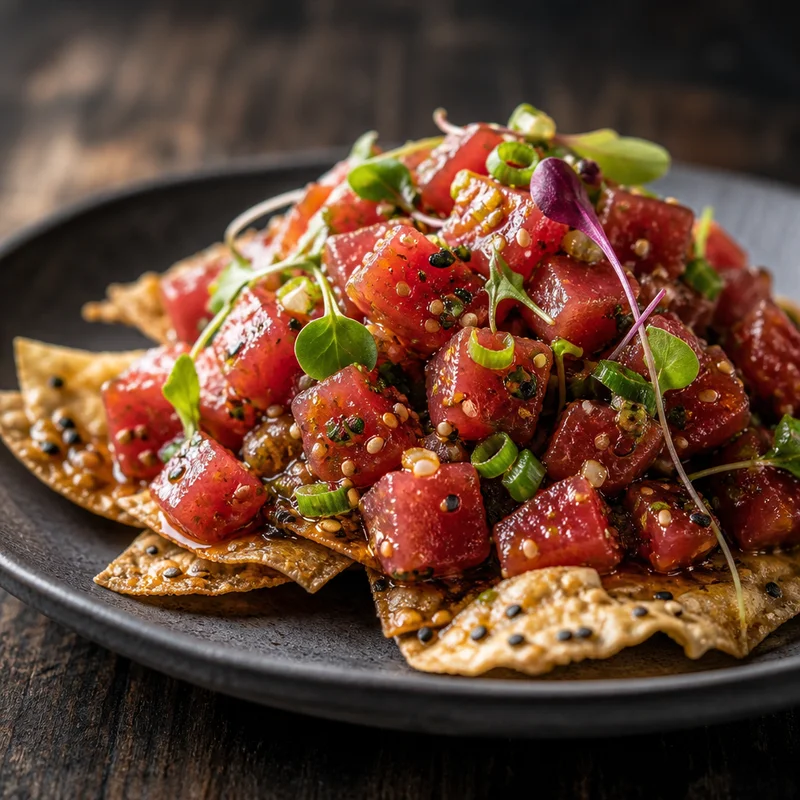 Hand-Chopped Tuna Tartare on Sesame Chips