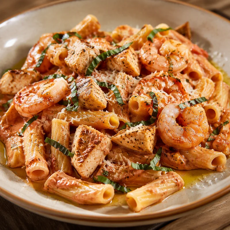 Seafood & Chicken Baked Ziti with Shrimp-Shell "Lobster" Cream
