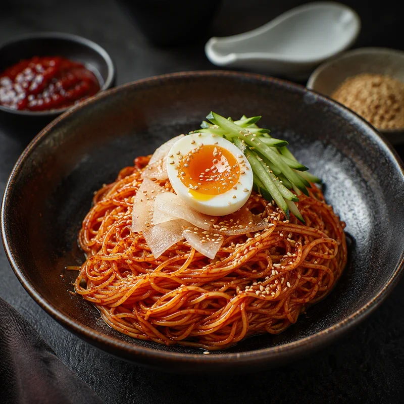 Spicy Cold Buckwheat Noodles with Pickled Radish and Jammy Egg