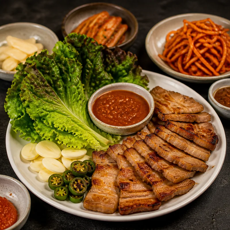Korean Simmered Pork Belly Wraps with Spicy Radish Salad