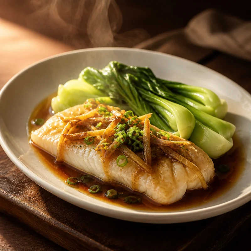 Sizzling Ginger-Scallion Steamed Cod with Baby Bok Choy