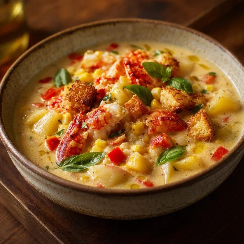 Lobster Corn Chowder with Potatoes and Sweet Red Pepper