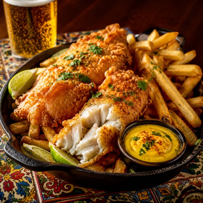 Beer-Battered Fish and Chips with Curry Aioli