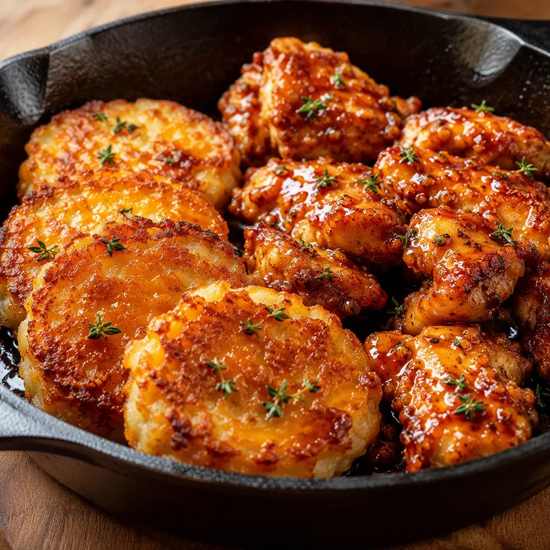 Crispy Cheddar Mashed Potato Cakes with Hot Honey Chicken