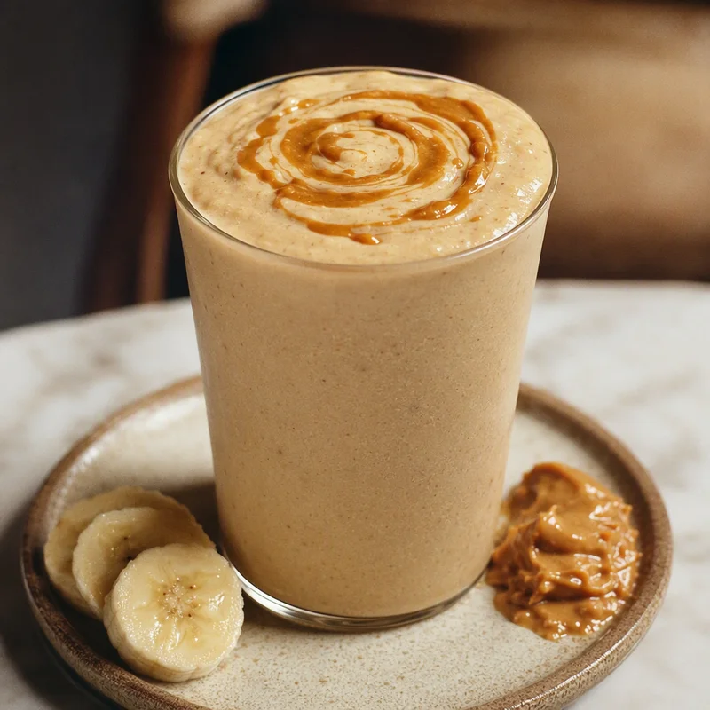 Thick Peanut Butter Banana Smoothie with a Toasted Peanut Butter Swirl
