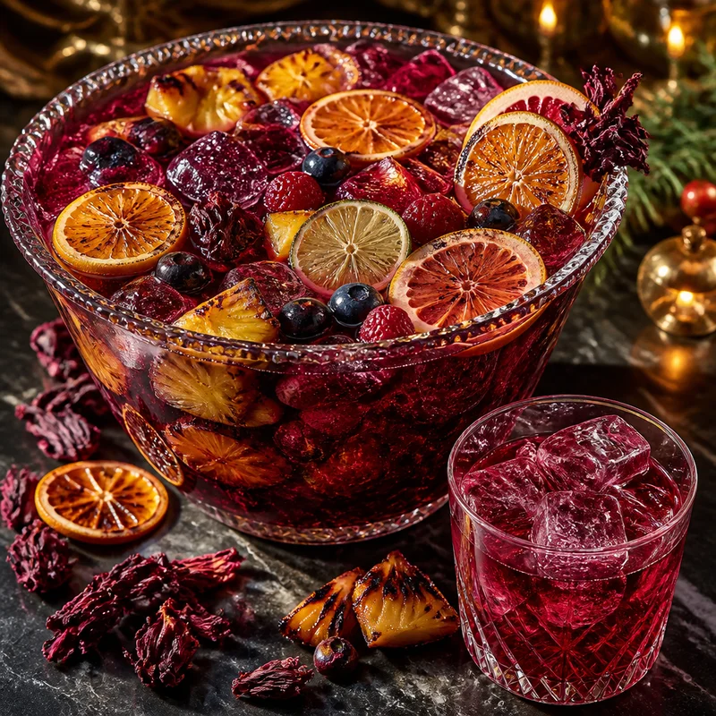 Zero-Proof Party Punch Bowl with Roasted Pineapple & Hibiscus-Berry Syrup