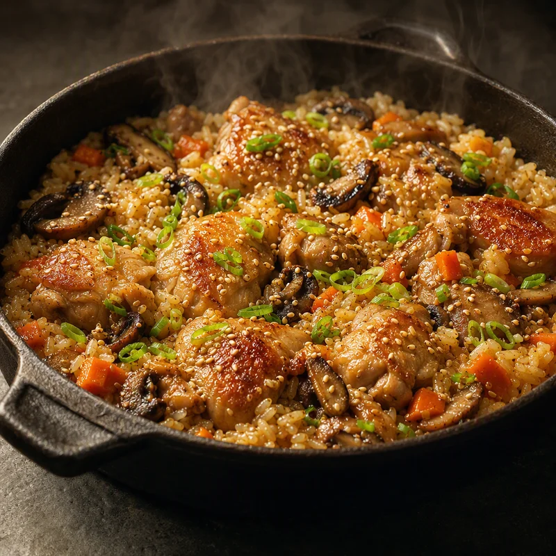 Soy-Butter Chicken and Mushroom Rice Bake