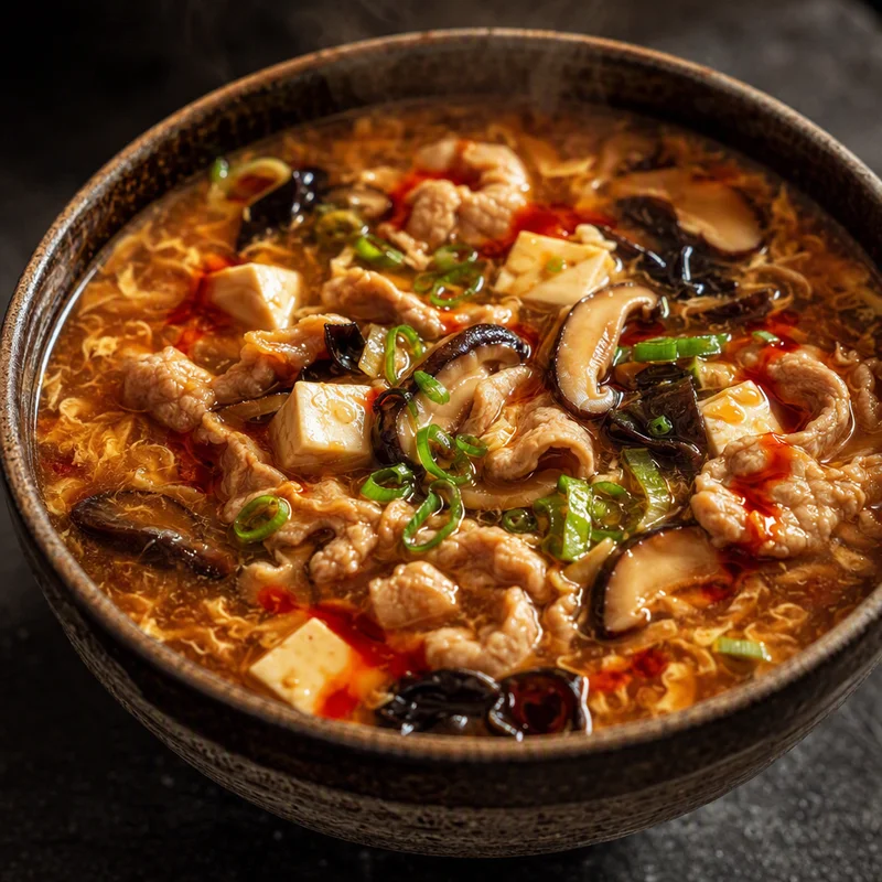 Hot and Sour Soup with Shiitake, Tofu and Pork Ribbons