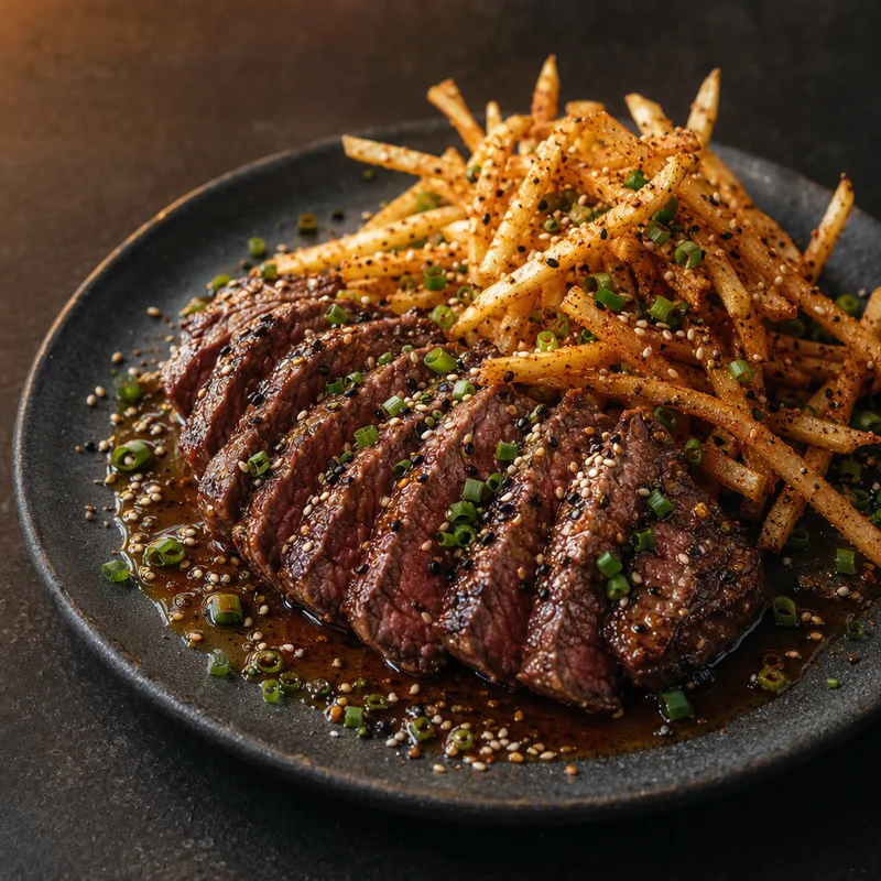 Steak Frites with Soy-Butter Pan Sauce and Double-Fried Shichimi Fries