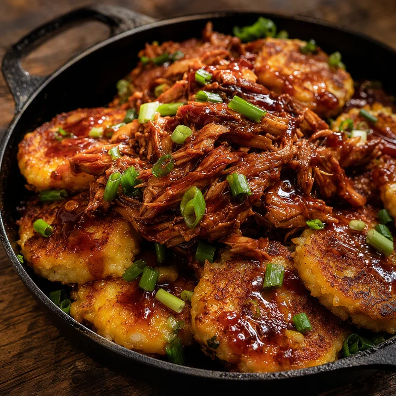 Cheddar Mashed Potato Cakes with Smoky BBQ Chicken