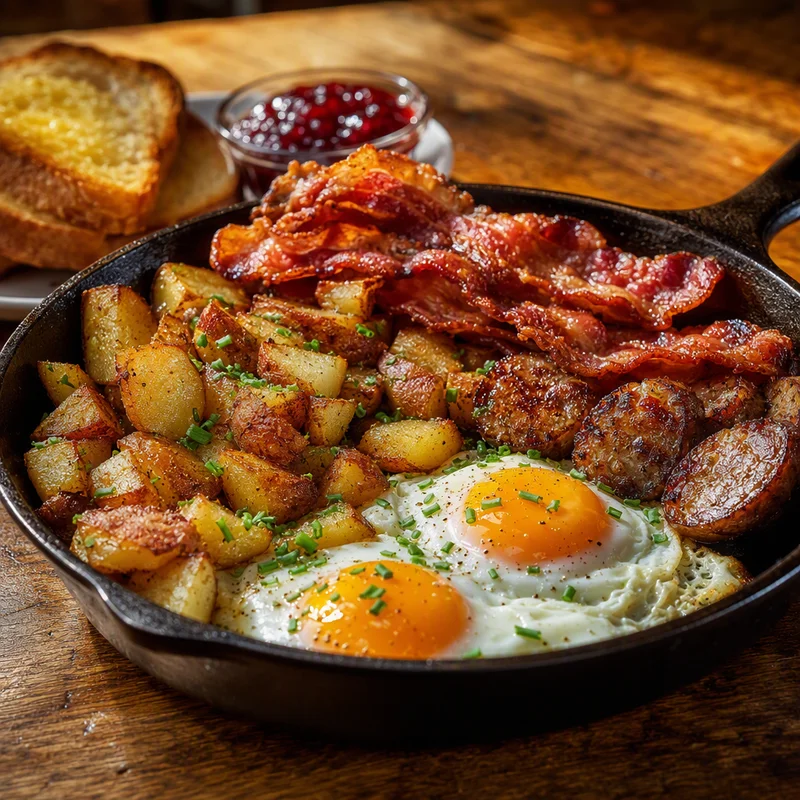 Diner-Style Two-Egg Breakfast Platter with Bacon and Skillet Potatoes