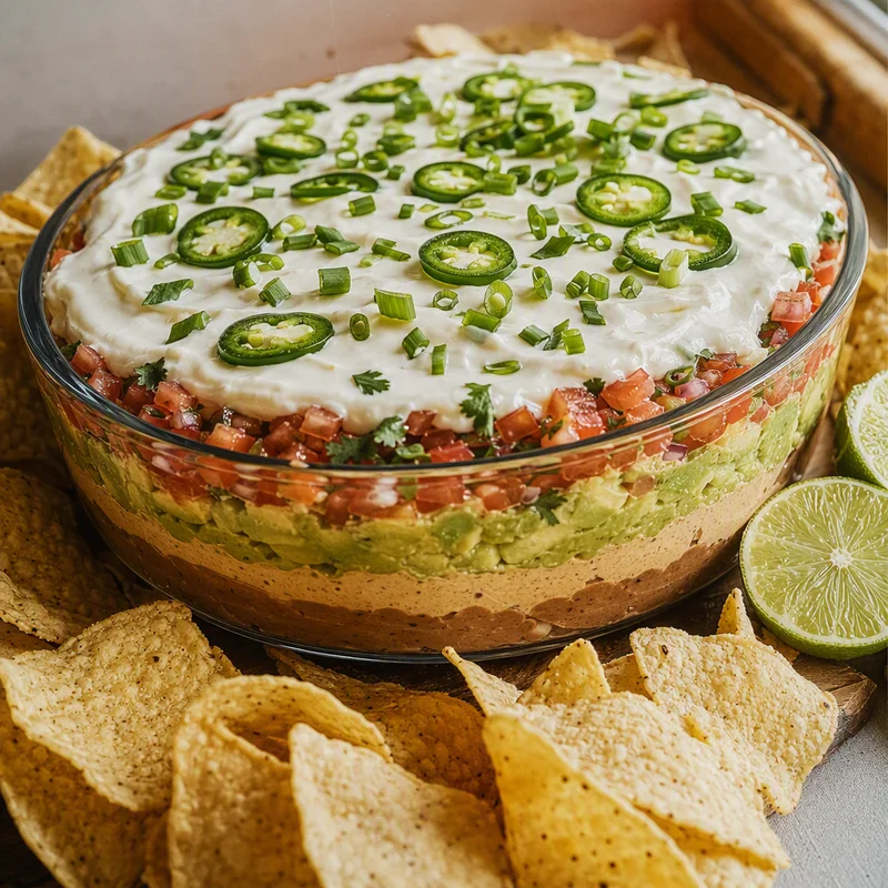 Seven-Layer Dip with Scratch Refried Beans & Chipotle Crema