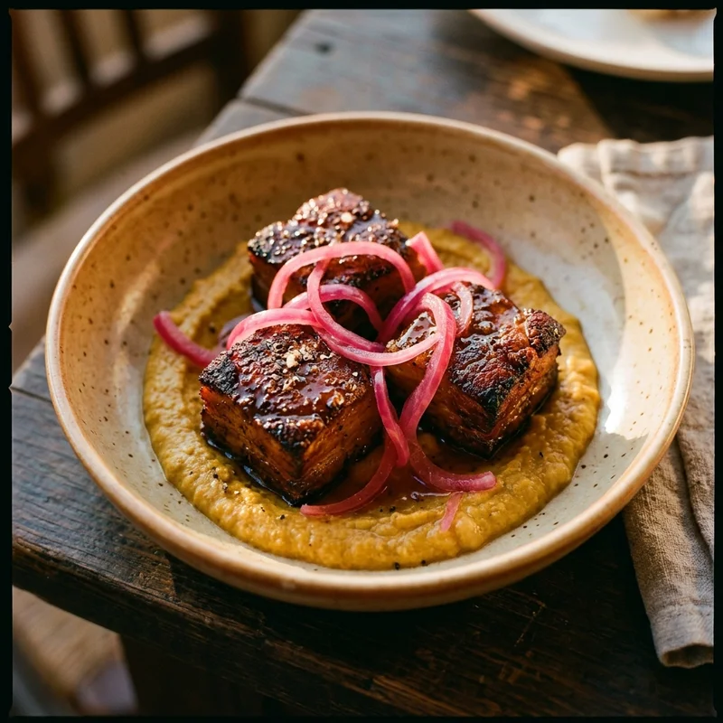 Crispy Pork Belly with Curried Chickpea Purée
