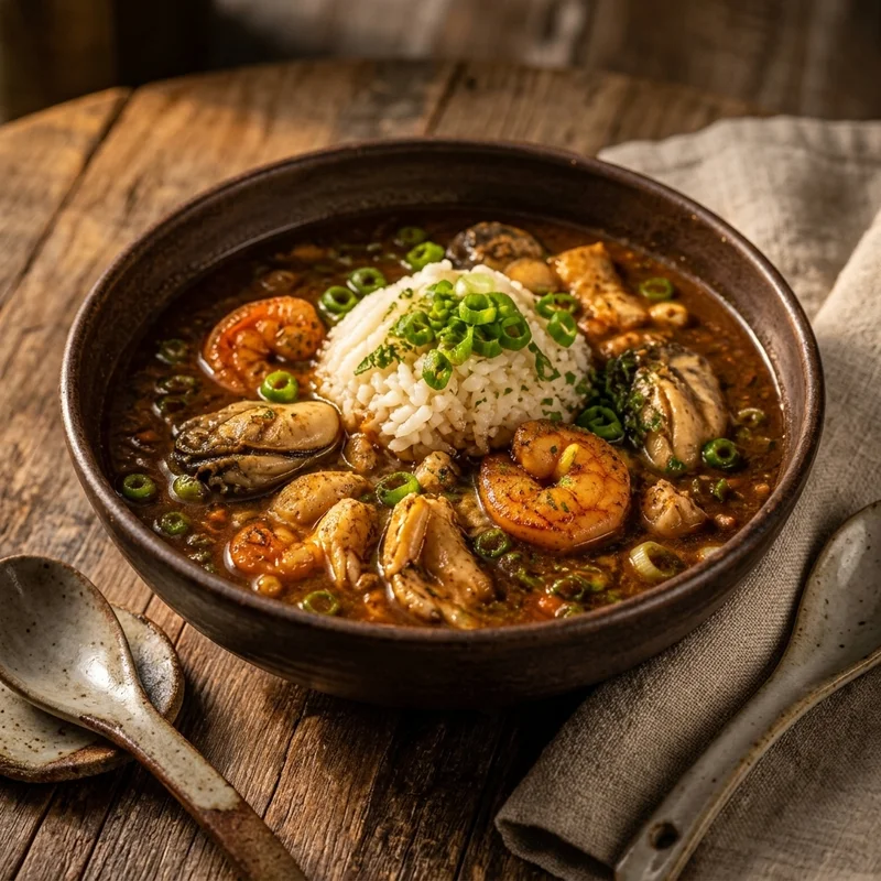 Dark Roux Seafood Gumbo with Quick Shrimp Stock