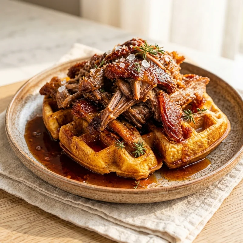 Duck Confit Cornbread Waffles with Cane Syrup Gastrique