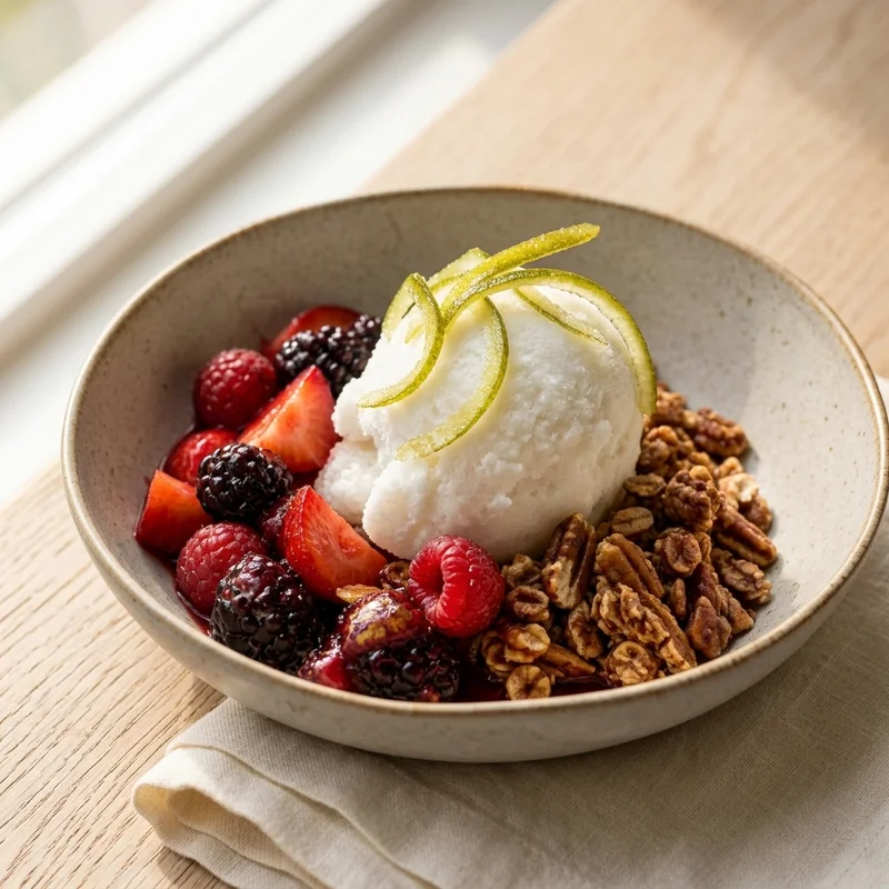 Coconut Lime Sorbet with Pecan Granola, Candied Lime & Macerated Berries