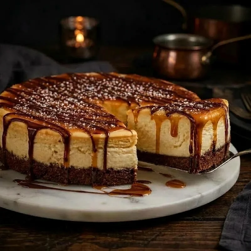 Creole Cream Cheese Cheesecake with Salted Caramel and Dark Chocolate