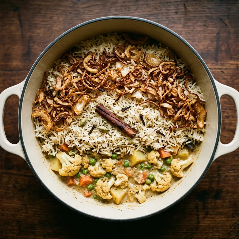 Layered Vegetable Biryani with Crispy Fried Onions