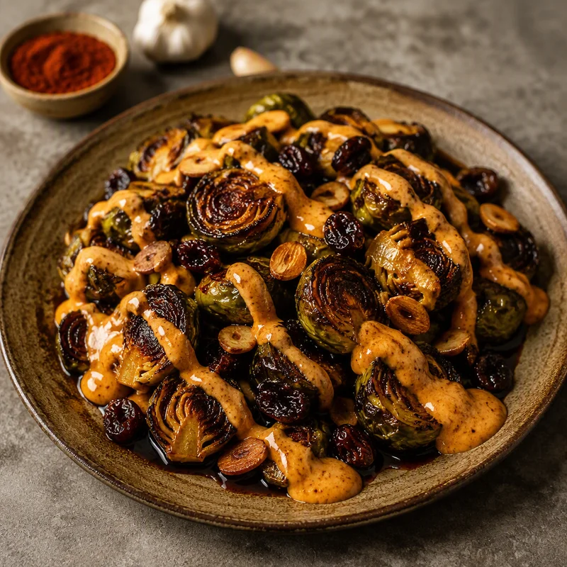 Charred Brussels Sprouts with Balsamic, Currants and Garlic Aioli