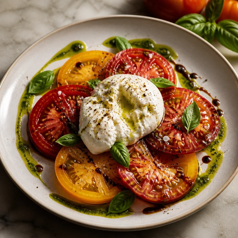 Burrata Caprese with Heirloom Tomatoes and Basil Oil
