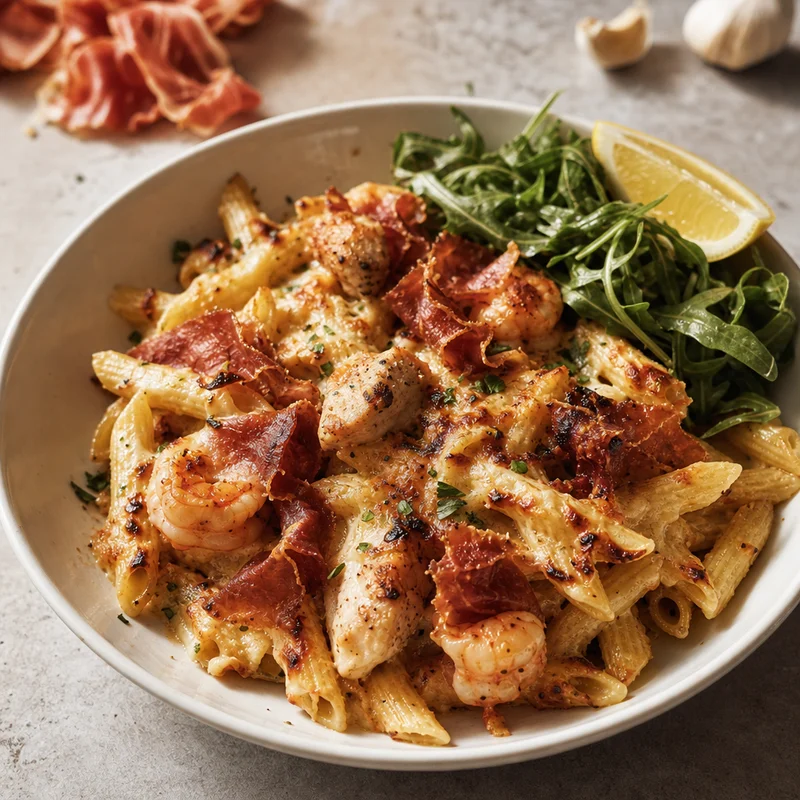 Individual Baked Penne with Chicken, Shrimp and Crisped Prosciutto