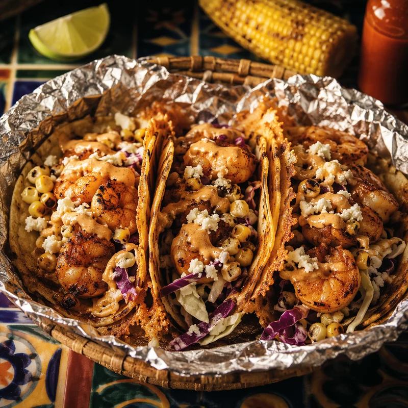 Mexican Street Corn Shrimp Tacos with Chipotle Crema