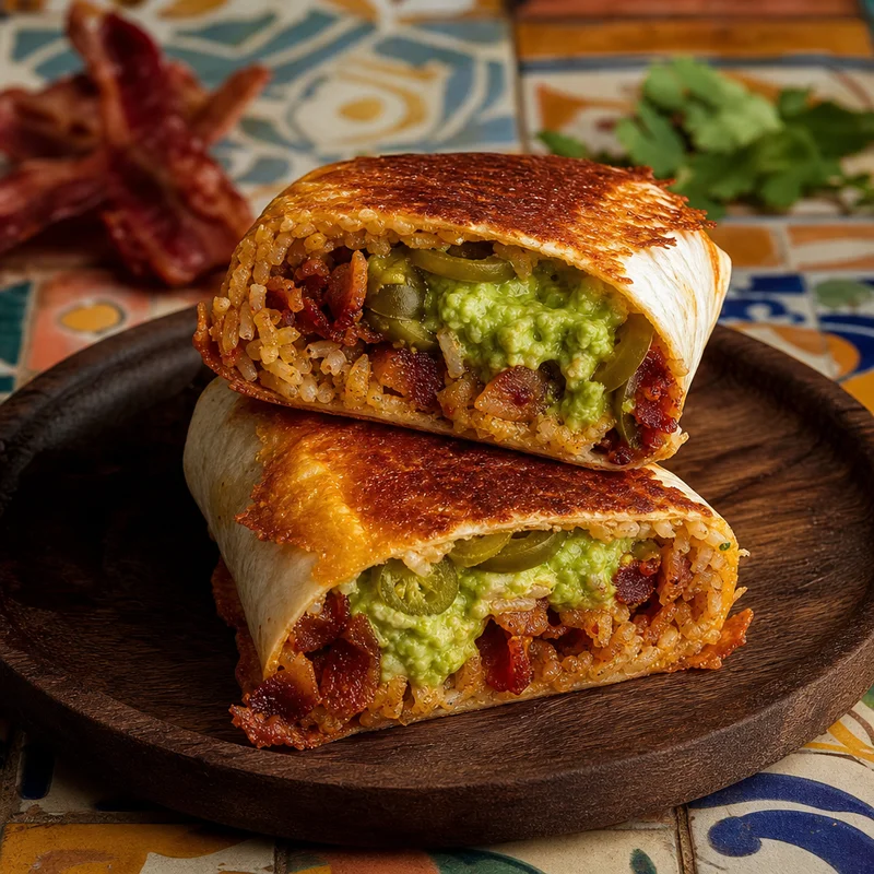 Crispy Bacon Quesa Burrito with Citrus Rice and Guacamole
