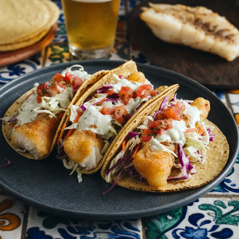 Beer-Battered Fish Tacos with Cabbage Slaw and Lime Crema
