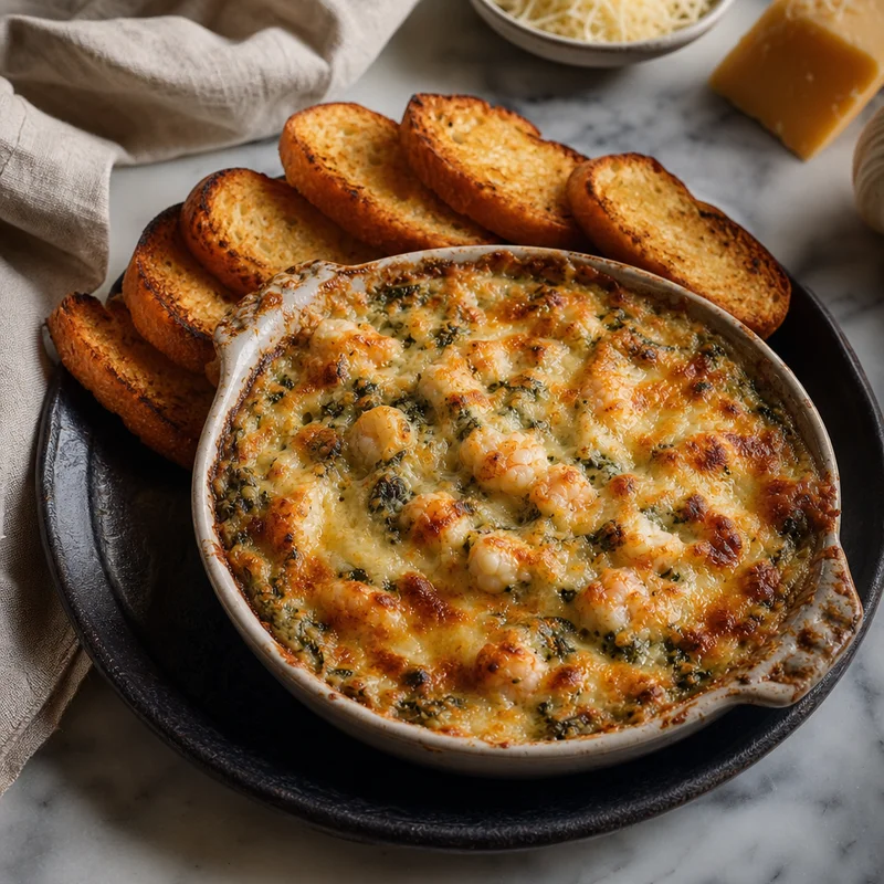 Shrimp, Spinach & Artichoke Dip with Garlic Bruschetta Toasts