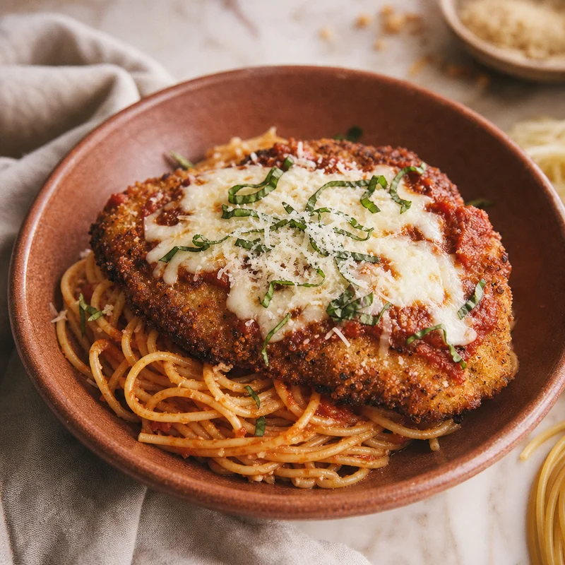 Crispy Chicken Parmigiana over Spaghetti