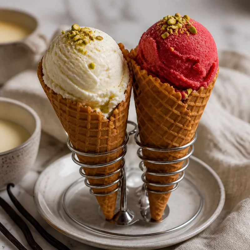 No-Churn Vanilla Bean Gelato with Two-Ingredient Fruit Sorbetto