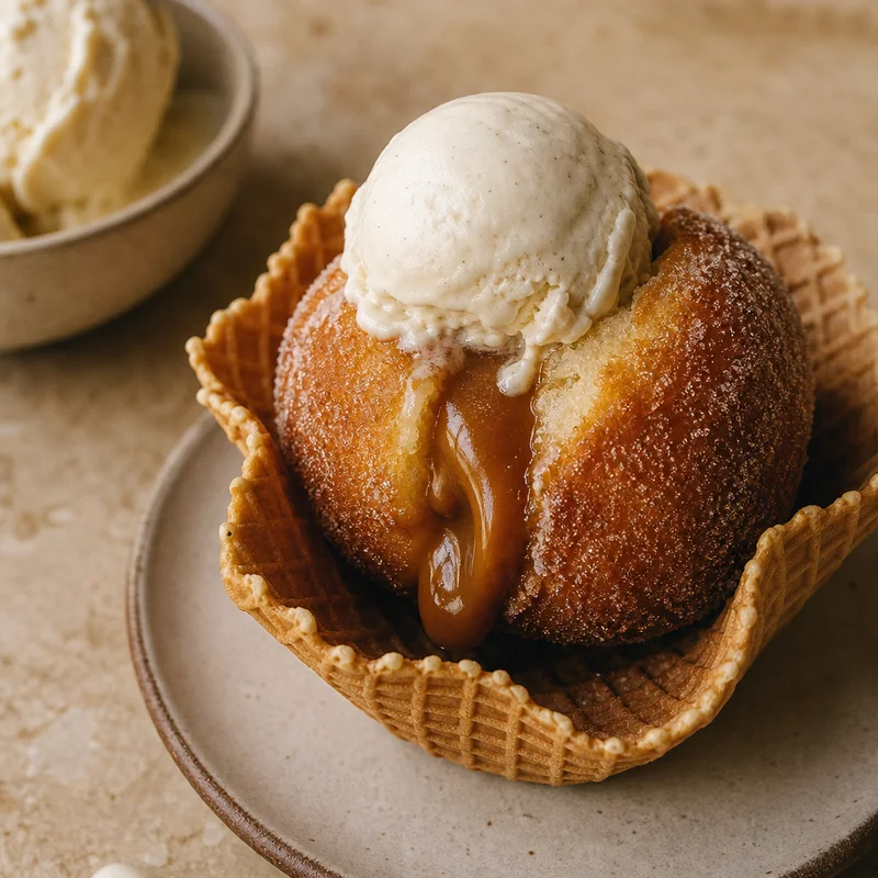 Cinnamon Sugar Bomboloni with Salted Caramel and Vanilla Gelato