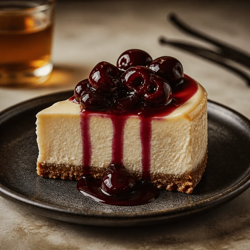 New York Cheesecake with Italian Cherries and Vanilla Mousse
