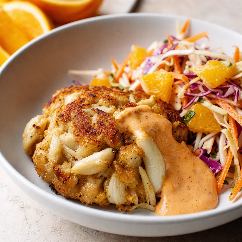 Lump Crab Cakes with Orange Slaw and Red Pepper Aioli