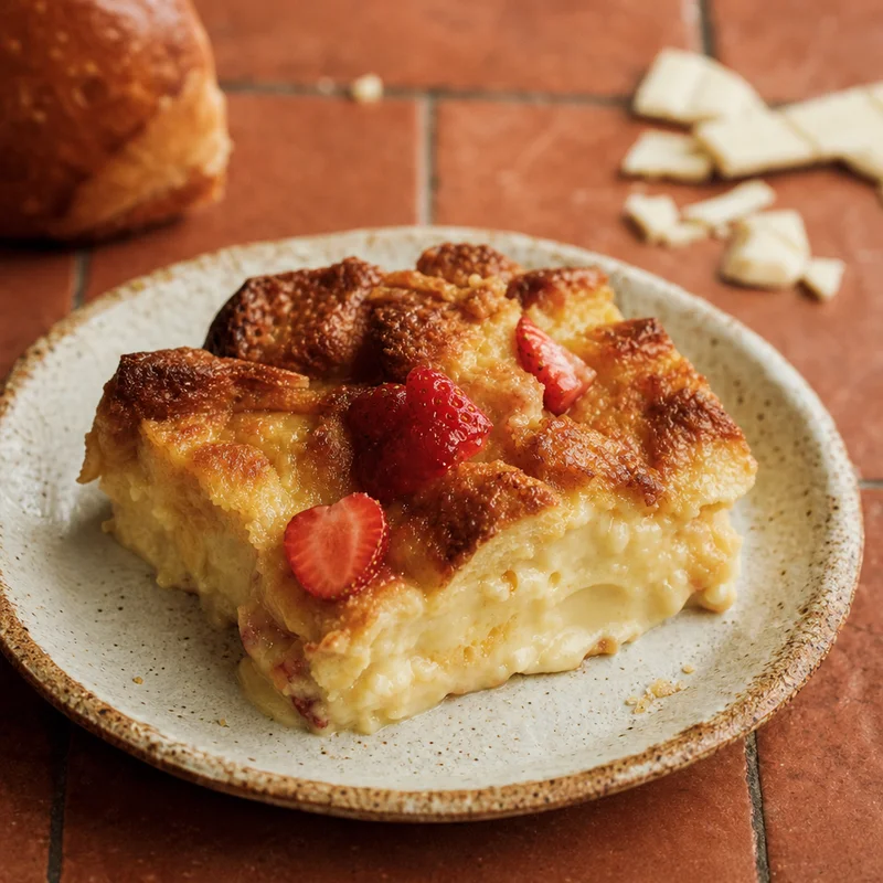 White Chocolate Bread Pudding with Strawberries