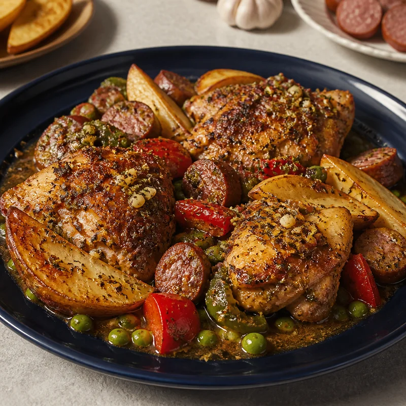 Skillet Chicken & Sausage Vesuvio with Garlic Wine Pan Sauce