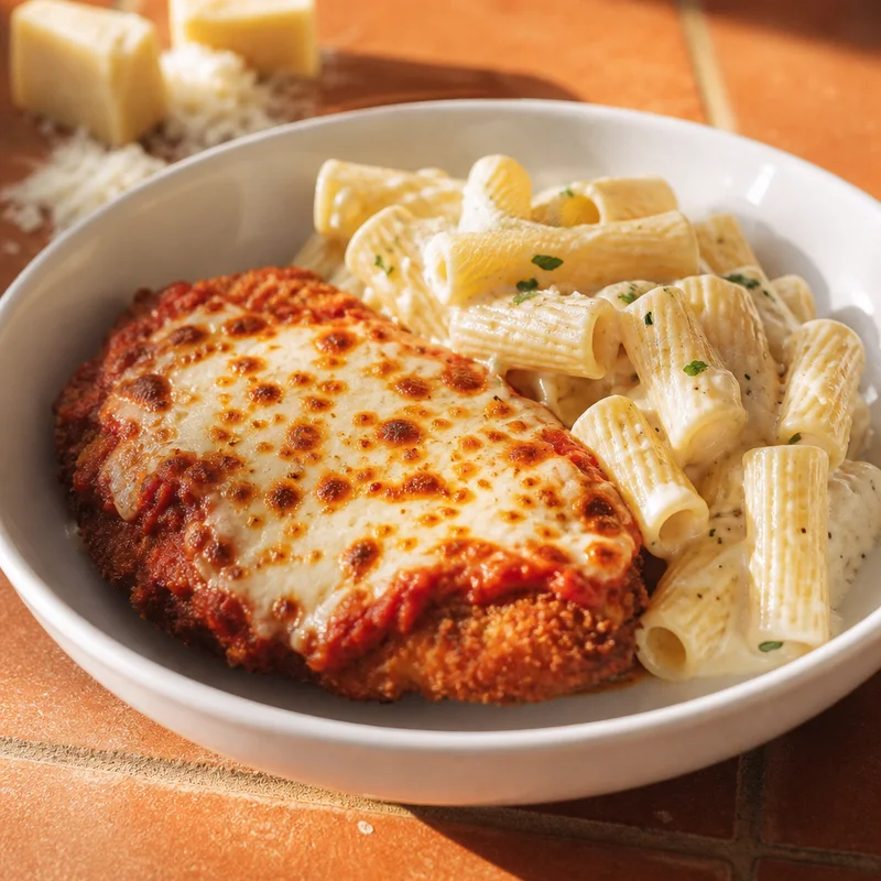 Crisp Chicken Parmesan with Alfredo Rigatoni