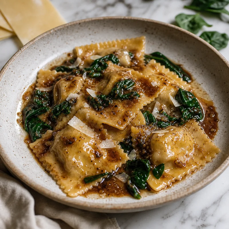 Braised Short Rib Ravioli with Brown Butter and Spinach